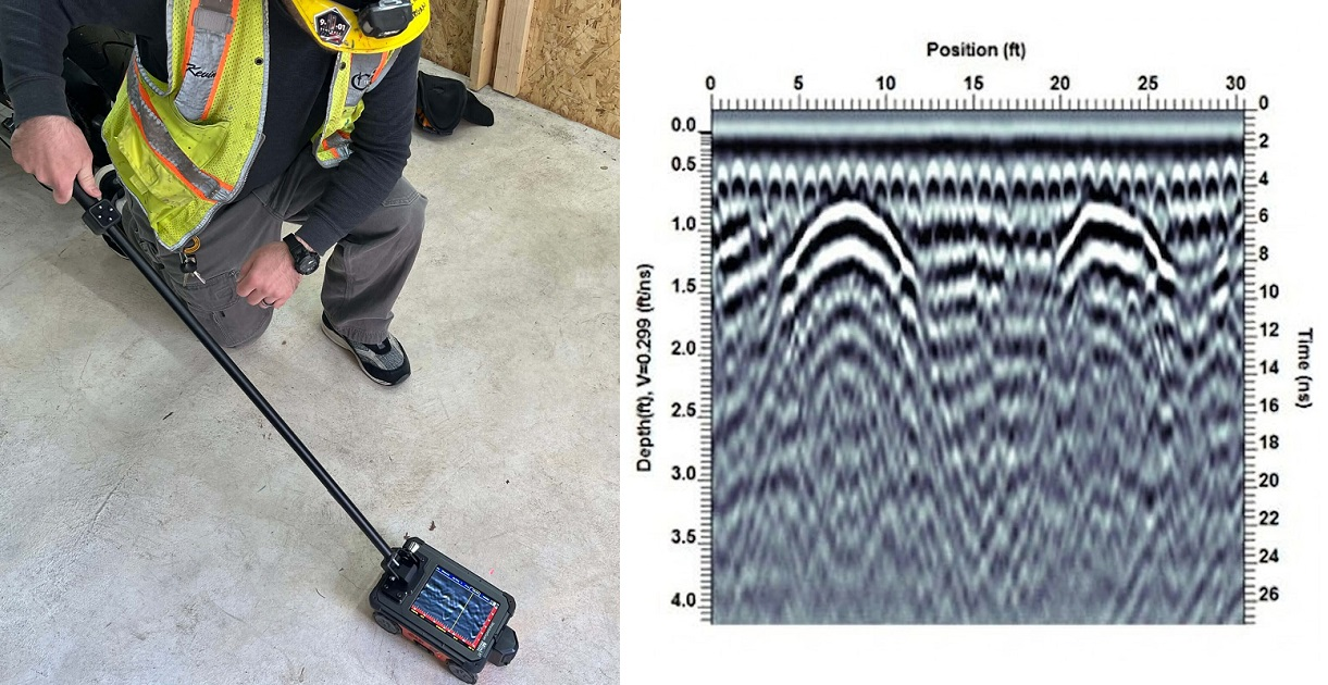 A construction professional using a Ground Penetrating Radar device on a concrete floor alongside a GPR scan readout showing parabolic curves of tendons inside a post tension slab.